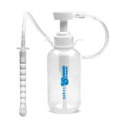 Clear plastic enema bottle with pump, flexible hose, and textured nozzle.