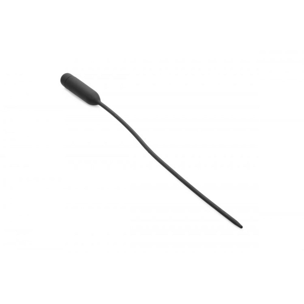 Black vibrating urethral sound with a long, flexible silicone shaft.