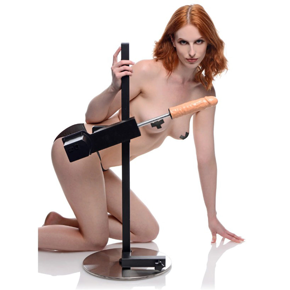 Adjustable steel sex machine with a TPE dildo and stand.