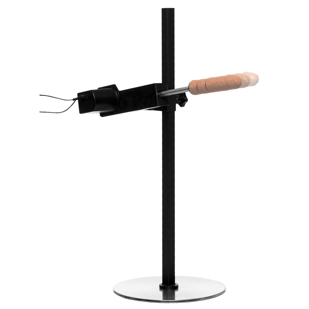 Adjustable steel sex machine with a wooden handle and a black motor on a stand.