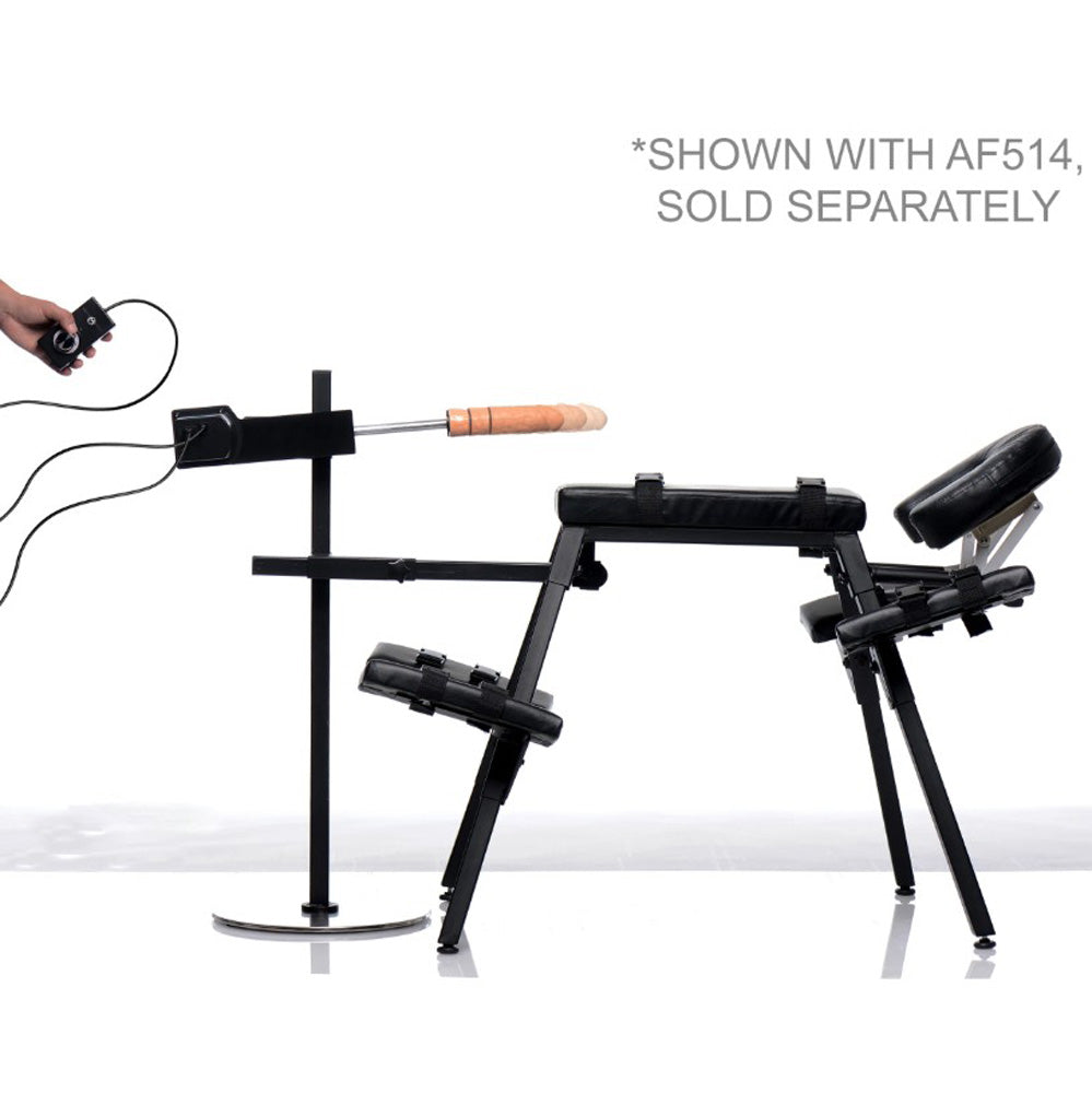 Adjustable steel thrusting sex machine with a wooden dildo attachment.