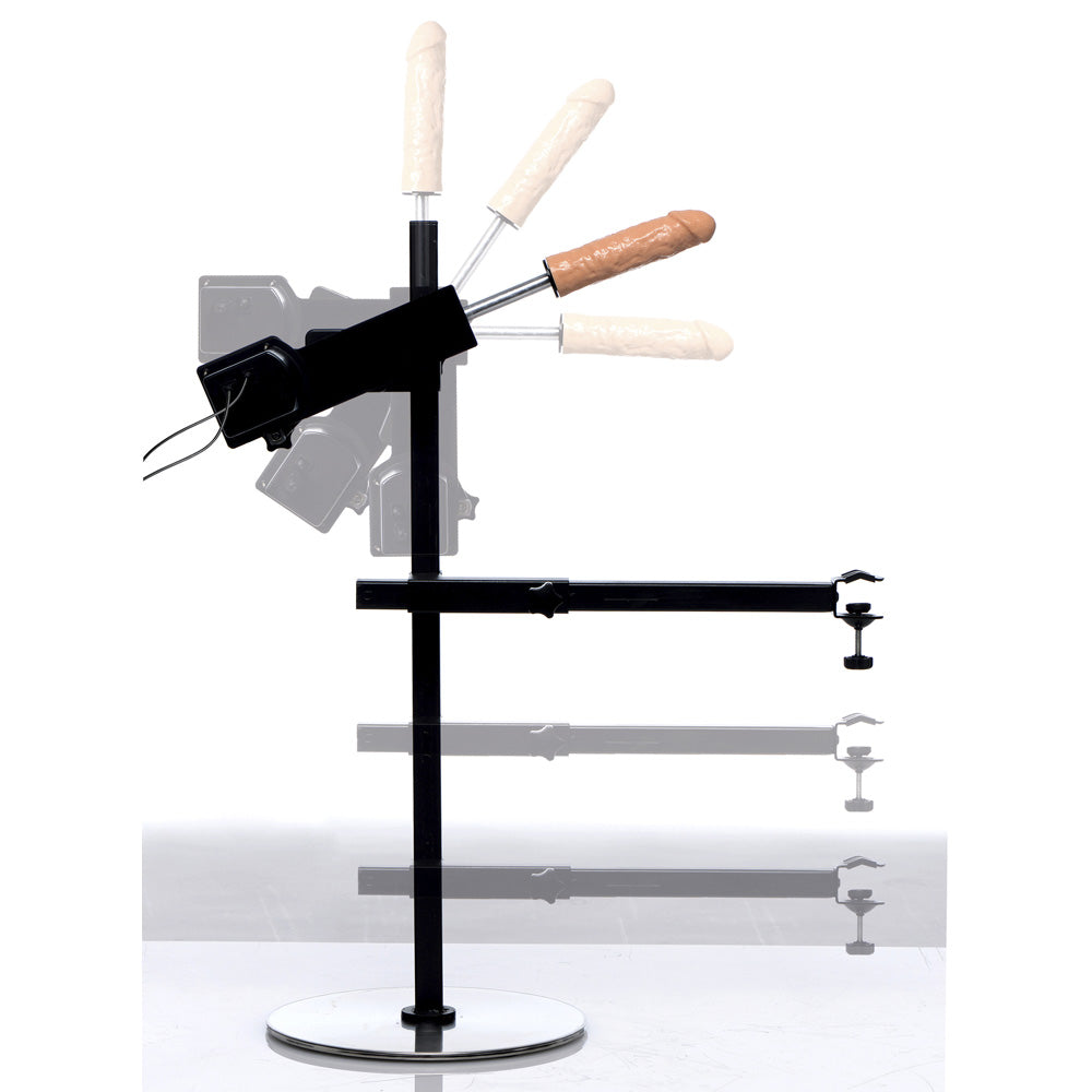 Adjustable steel sex machine with multiple dildos and a clamp mount.