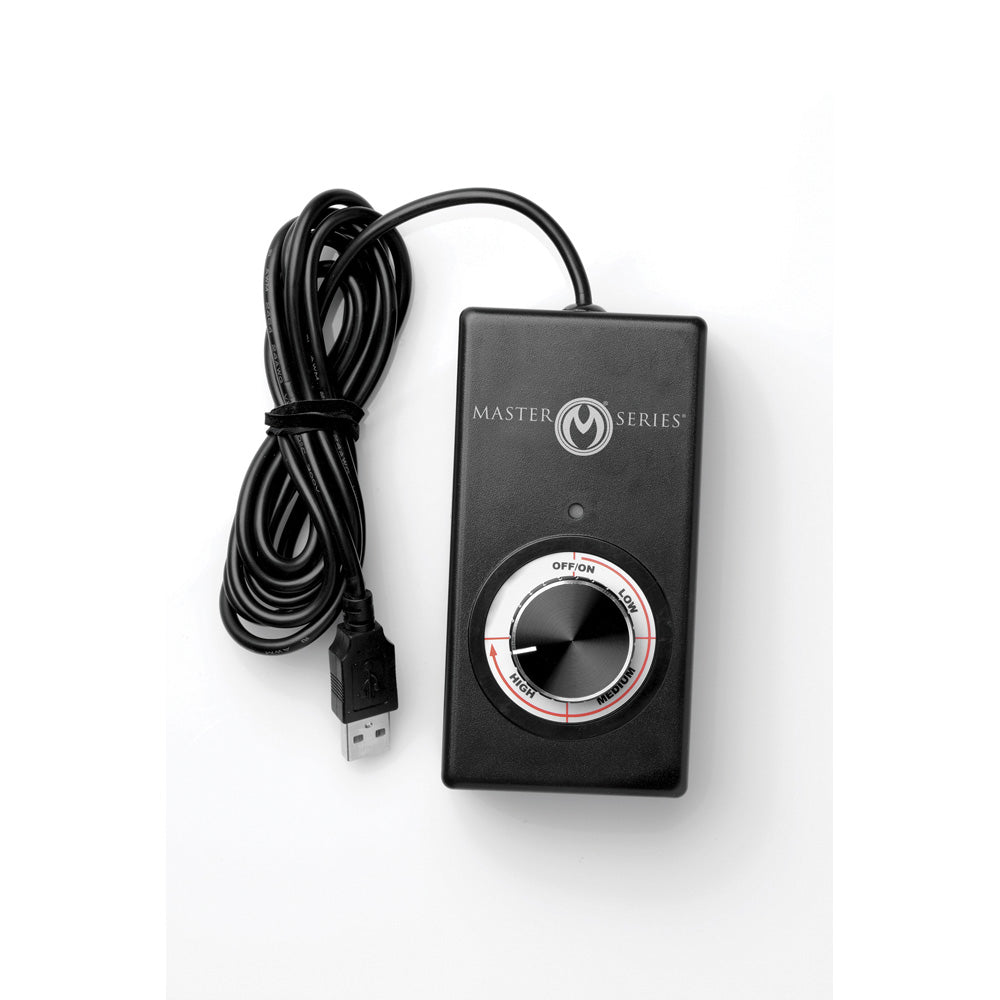 Black sex machine controller with a dial for speed settings and a USB cable.