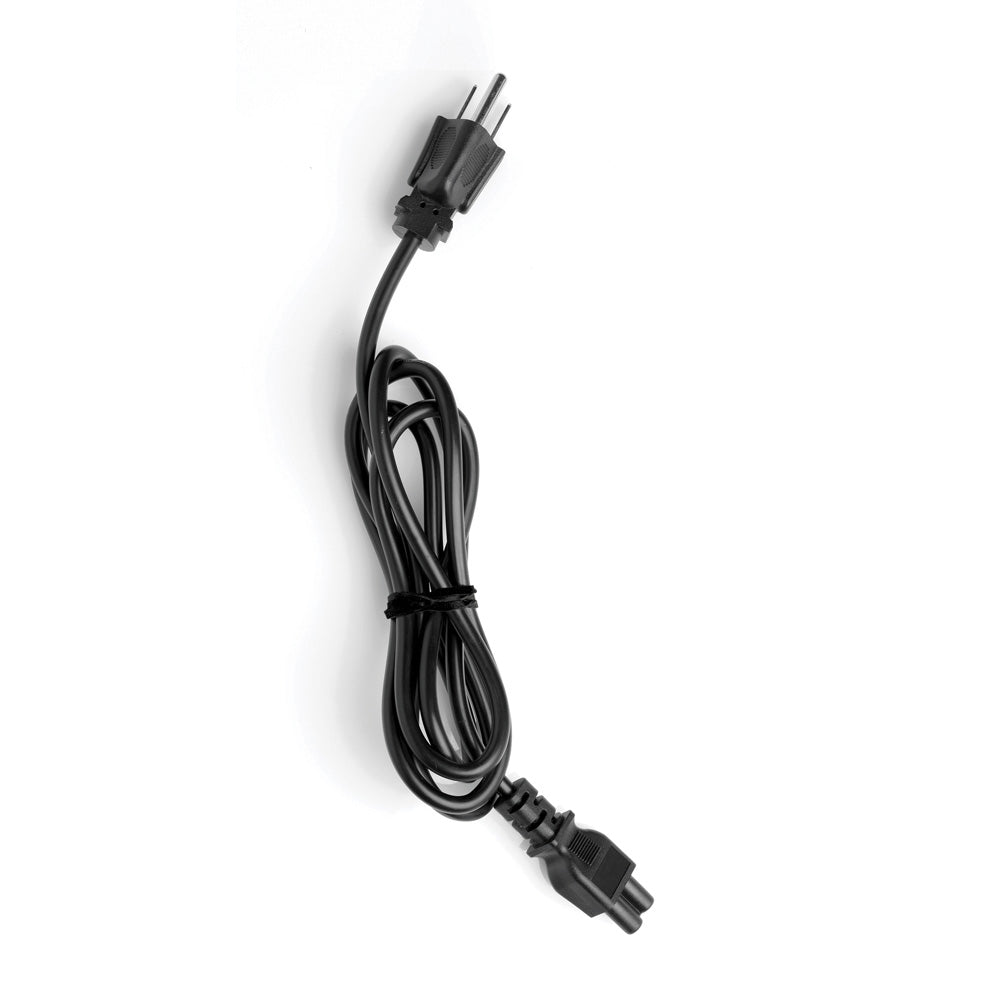 Black power cord with two plugs on a white background.