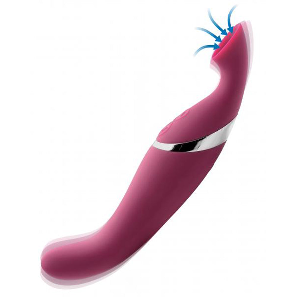 Pink curved vibrator with clitoral suction and G-spot stimulation.
