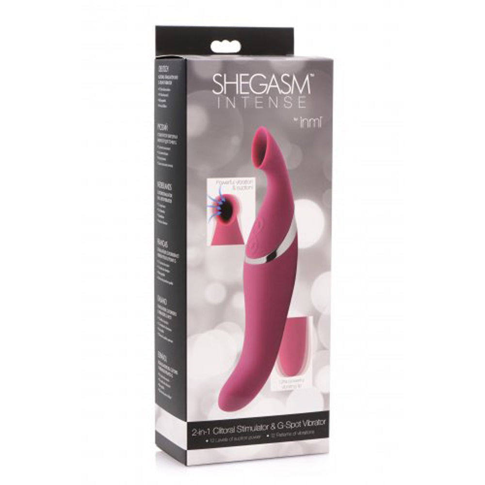 Pink Shegasm Intense 2-in-1 clitoral stimulator and G-spot vibrator in box.