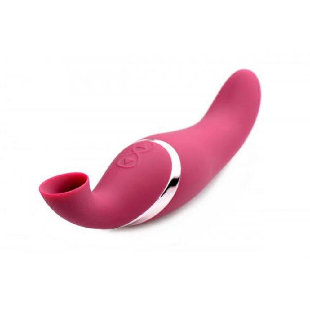 Pink curved vibrator with silver band and textured buttons.