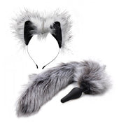 Grey wolf tail with anal plug and faux fur ears on a headband.