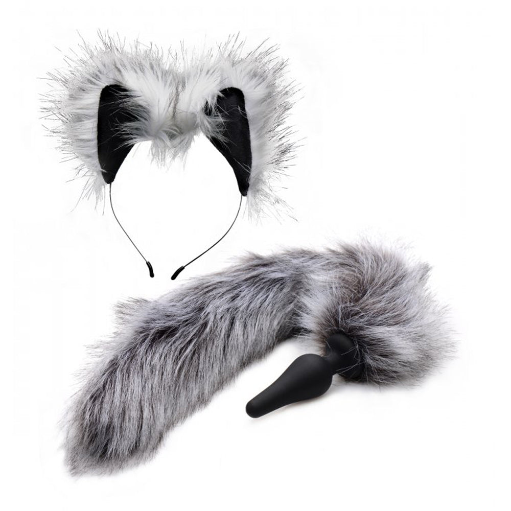 Grey wolf tail with anal plug and faux fur ears on a headband.