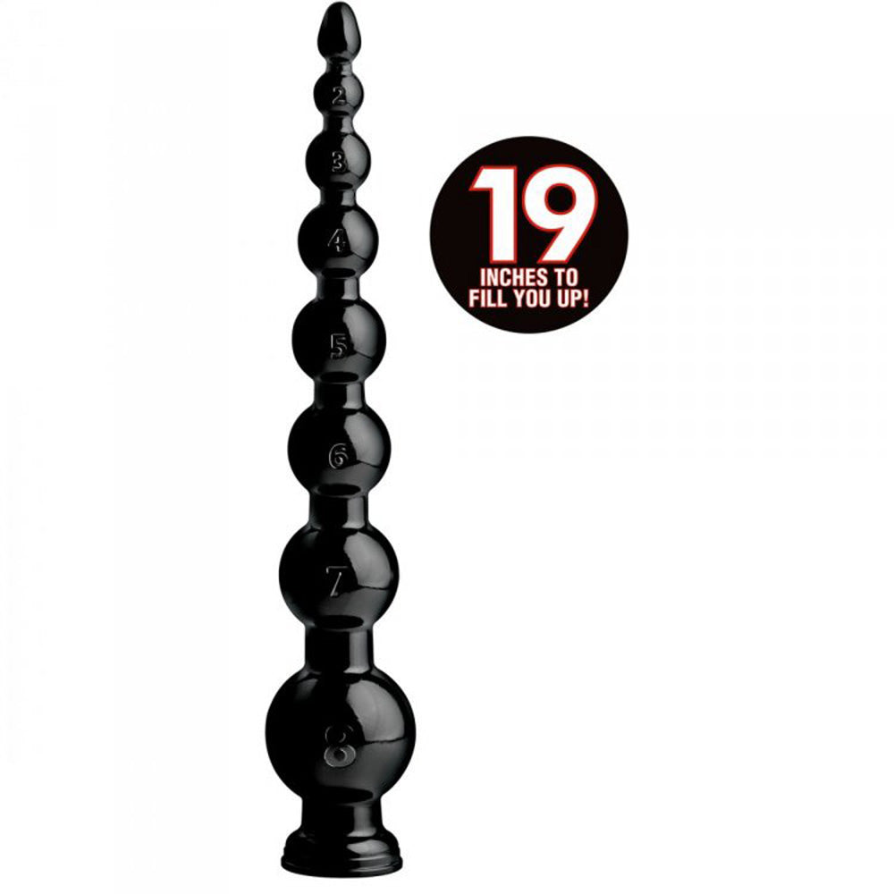 Black graduated anal snake beaded plug with numbered bulbs and suction base.