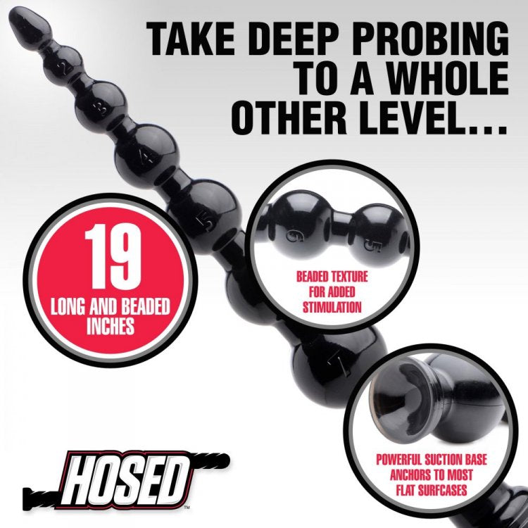 A black beaded anal snake plug with a suction base and "19 LONG AND BEADED INCHES" text.