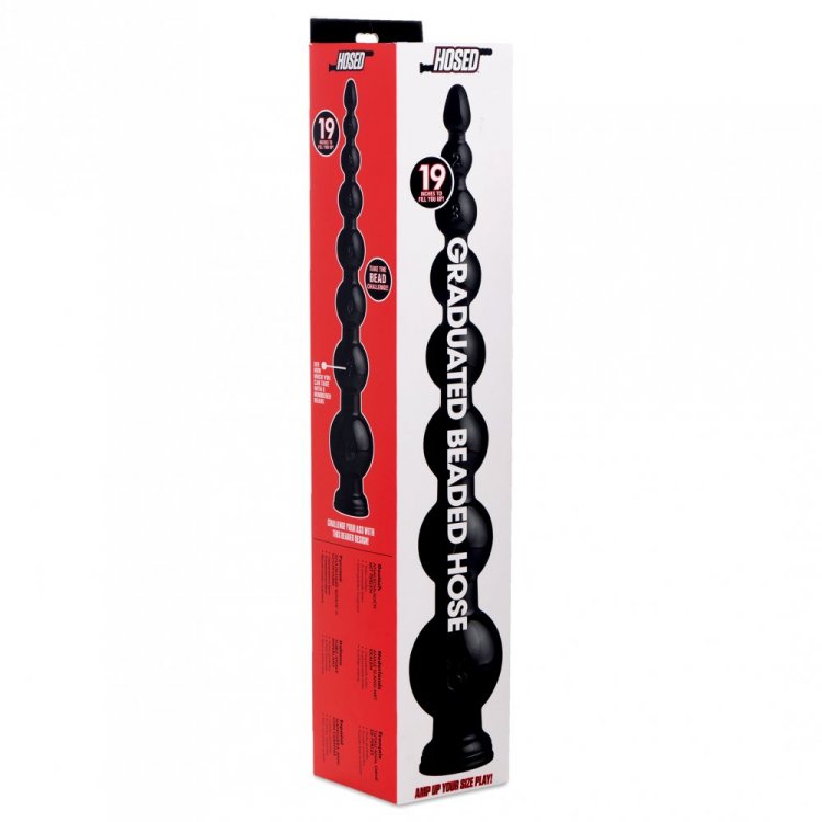 Graduated beaded anal snake plug with suction base on packaging.