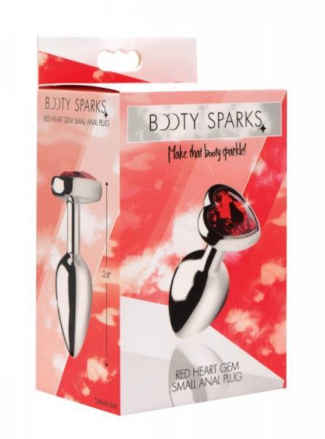 Small red heart gem aluminum anal plug with a tapered shaft.