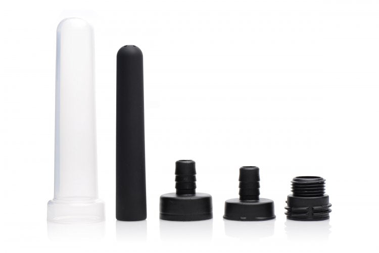 Travel enema adapter set with clear and black nozzles and black adapters.