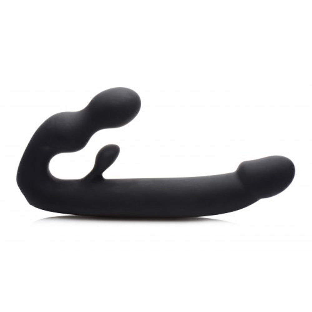 Black silicone strapless strap-on with dual stimulators.