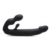 Black silicone strapless strap-on with dual stimulators.