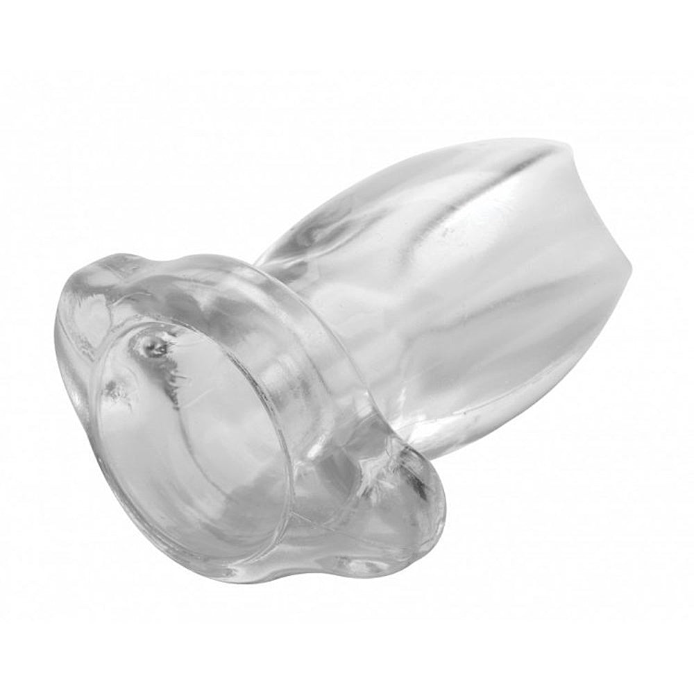 Clear hollow anal plug with a contoured base.