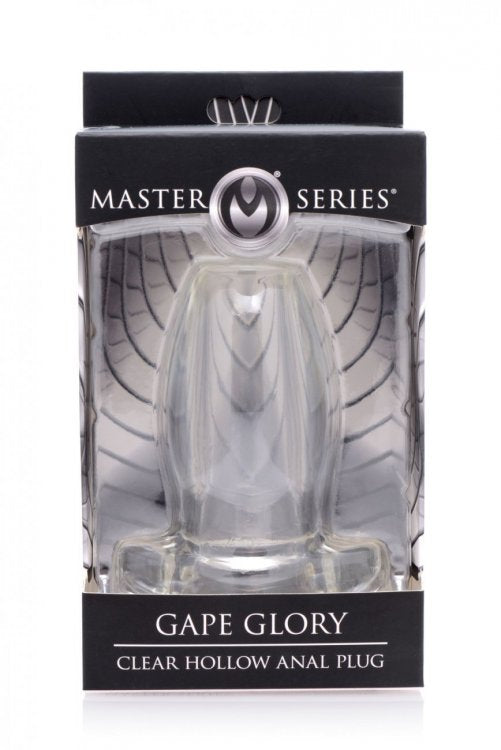Clear hollow anal plug with contoured base.