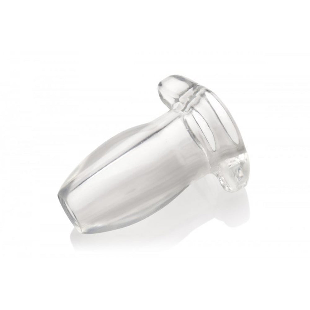 Clear hollow anal plug with a contoured base.