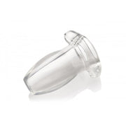 Clear hollow anal plug with a contoured base.