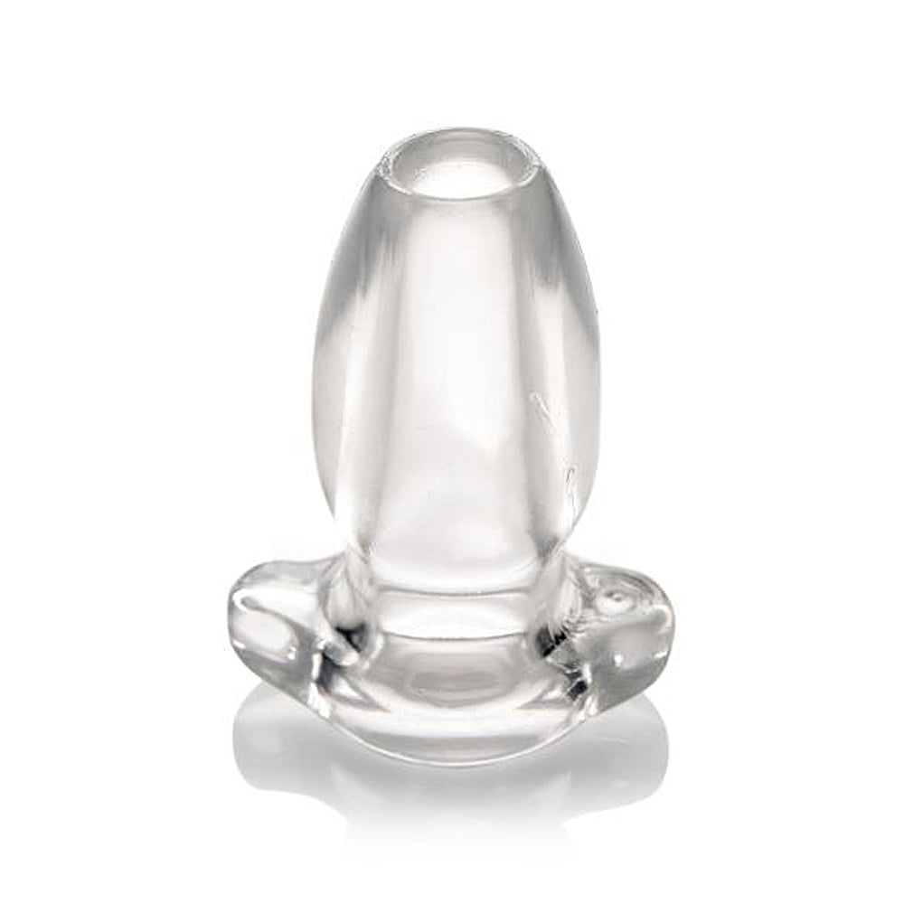 Clear hollow anal plug with a contoured base.