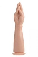 Flesh-colored hand and forearm dildo with a suction cup base.