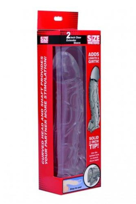 A clear penis extender sleeve with a curved head and textured shaft.