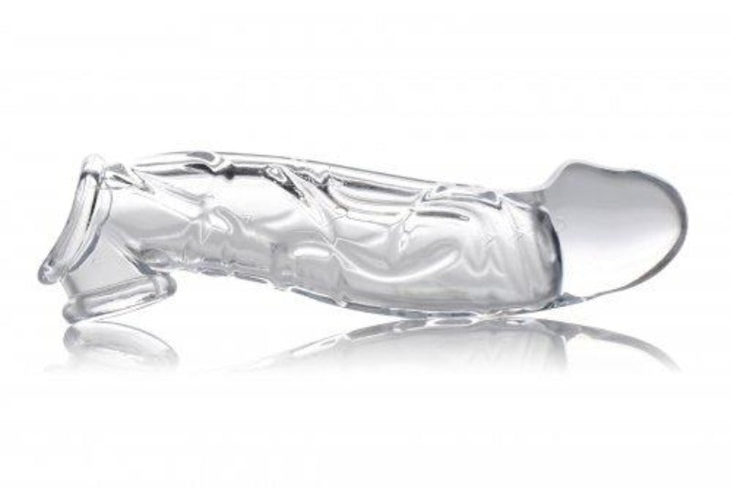 Clear TPR penis extender sleeve with textured surface and flared base.