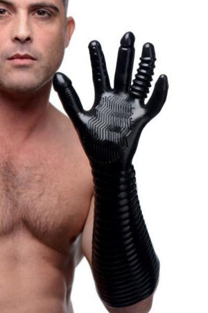 Black textured fisting glove with ribbed forearm and multi-sensation fingers.