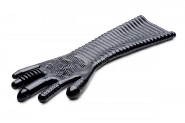 Black textured fisting glove with ribbed forearm and multi-sensation fingers.