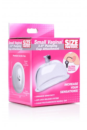 Clear acrylic vaginal pumping attachment with pink packaging.