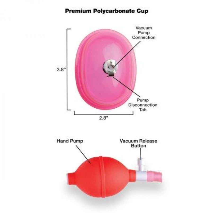 A pink polycarbonate suction cup with dimensions and a red hand pump with a vacuum release button.