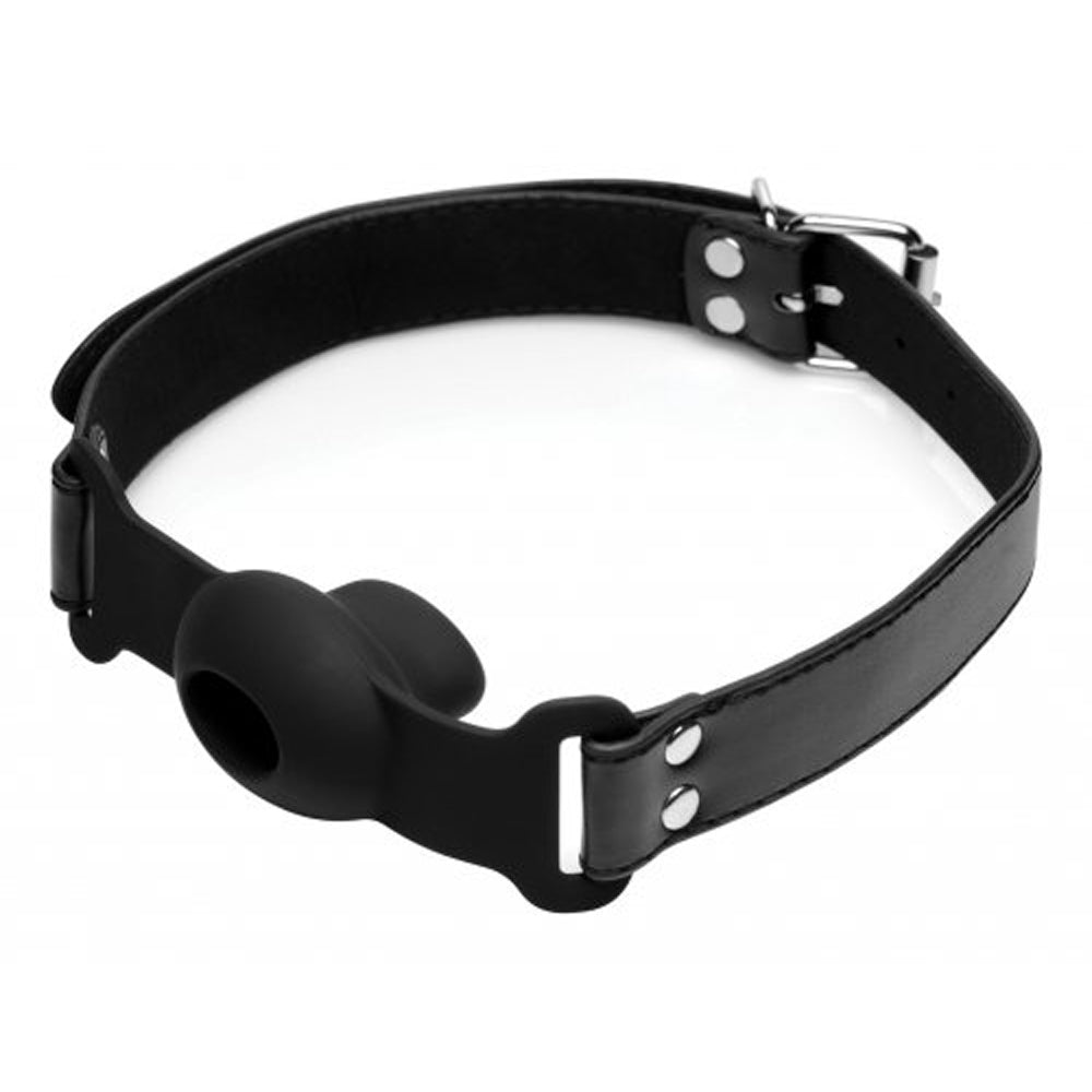 Black adjustable gag with hollow silicone mouthpiece.