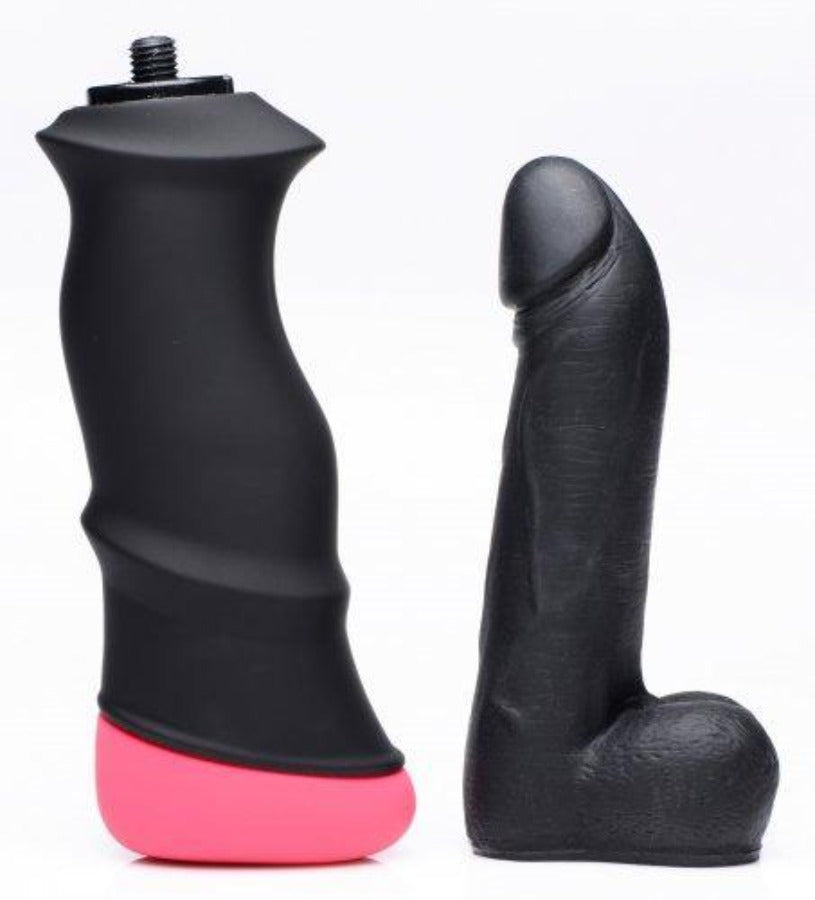 Black silicone dildo attachment and a black handle with a pink base.