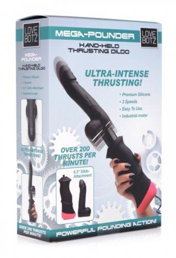 Mega-Pounder hand-held thrusting dildo with silicone attachment.