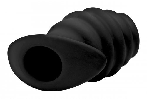 Large black ribbed hollow silicone anal tunnel plug.
