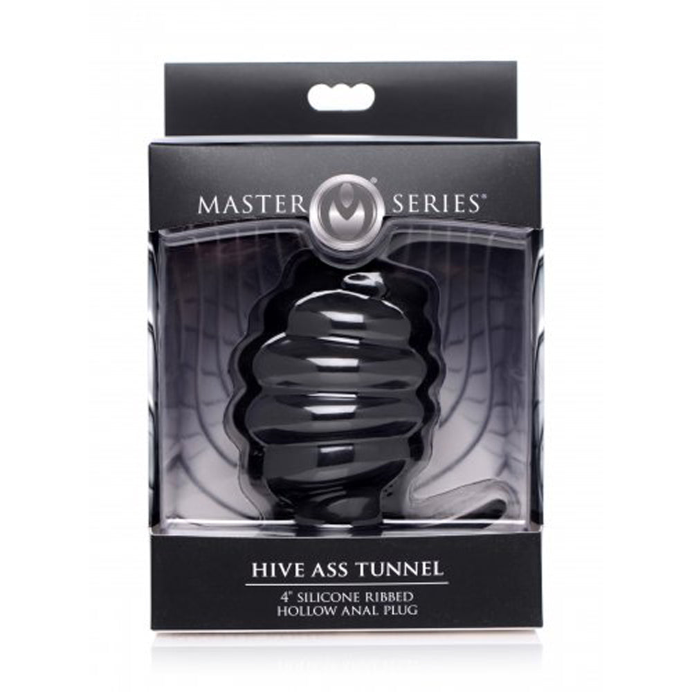Black ribbed hollow silicone anal tunnel plug in packaging.