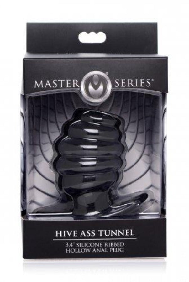 Black ribbed silicone anal tunnel plug in packaging.