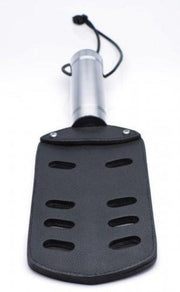 Heavy duty leather paddle with metal handle and air holes.