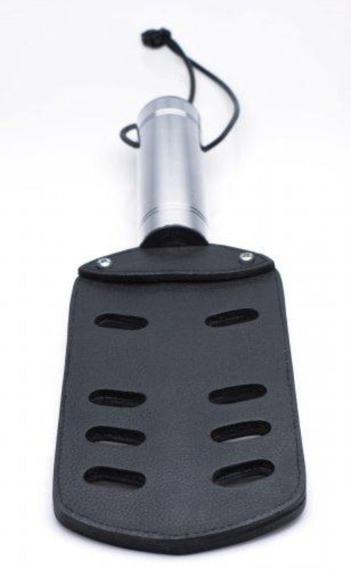 Heavy duty leather paddle with metal handle and air holes.