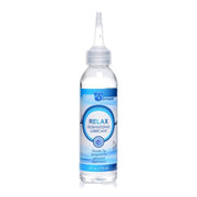 Clean Stream Relax desensitizing lubricant in a clear bottle with a blue label.