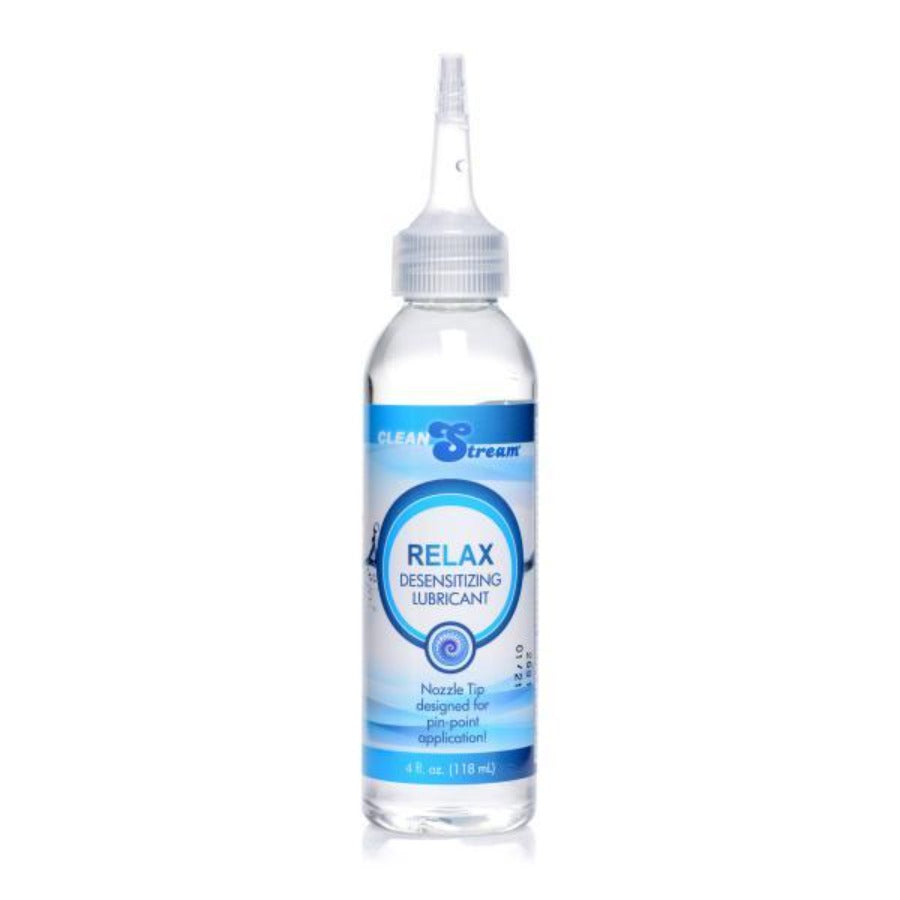 Clean Stream Relax desensitizing lubricant in a clear bottle with a blue label.