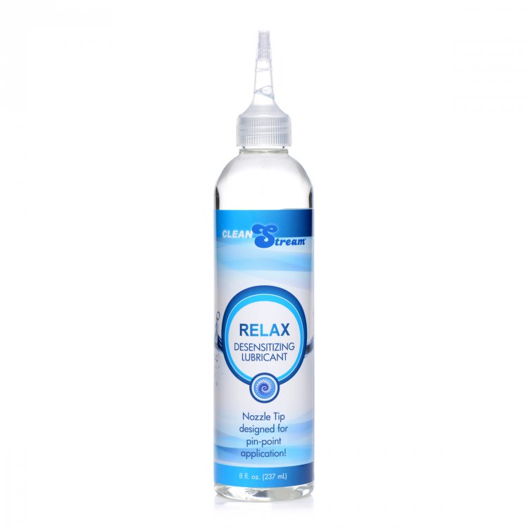 Clear bottle of Relax Desensitizing Lubricant with a nozzle tip.