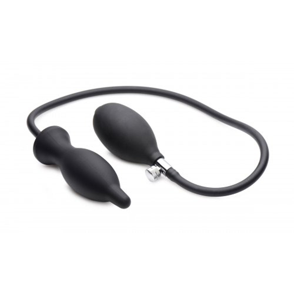 Black inflatable silicone anal plug with a hand bulb and release valve.