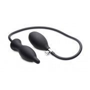 Black inflatable silicone anal plug with a hand bulb and release valve.