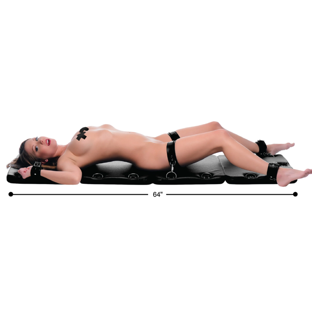 XL folding bondage board with 18 D-rings and a woman restrained.