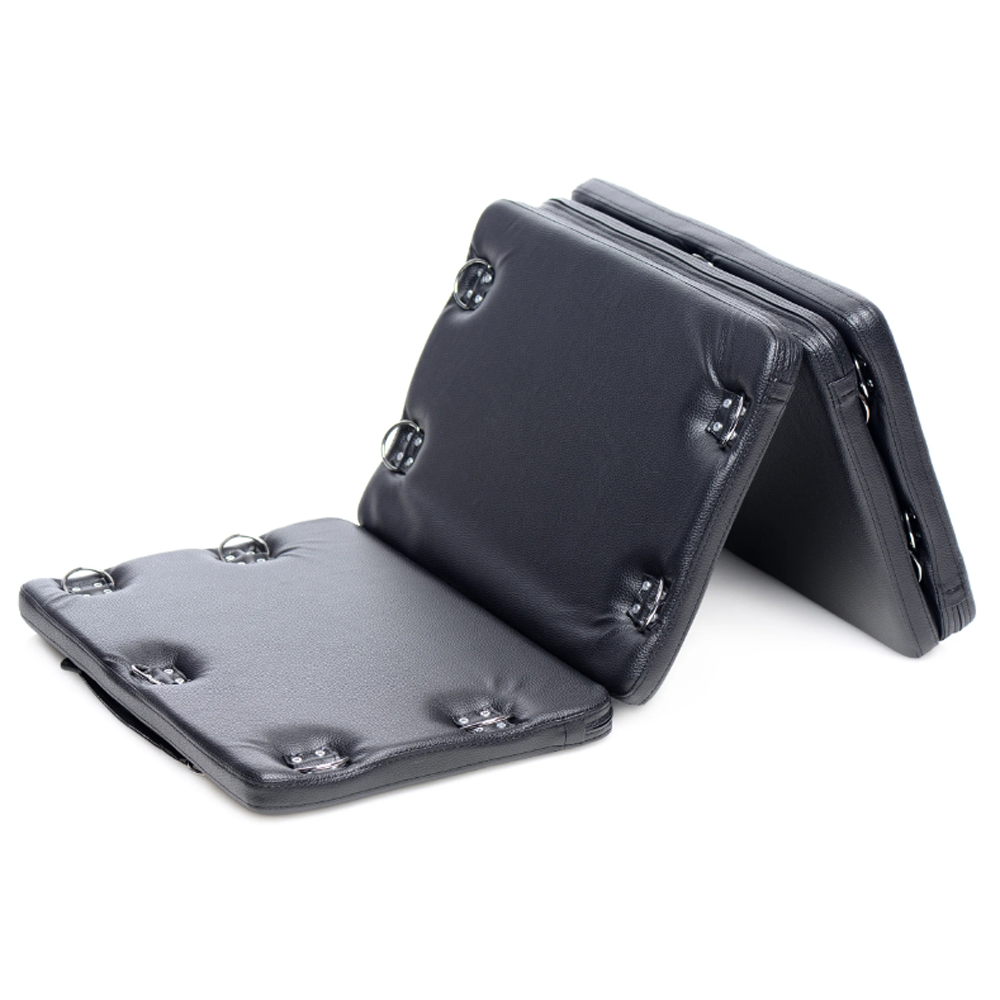 XL folding bondage board with 18 D-rings in black PU leather.