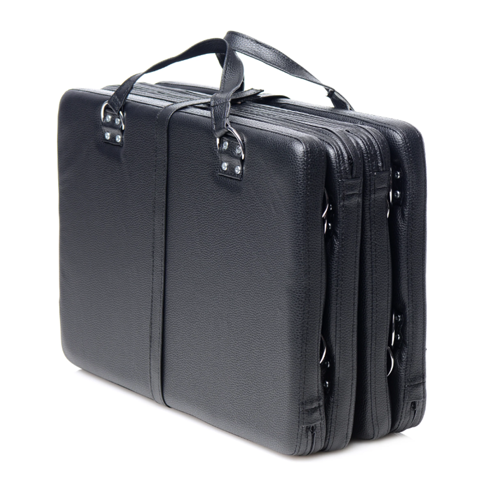 Black PU leather folding bondage board with handles and D-rings.