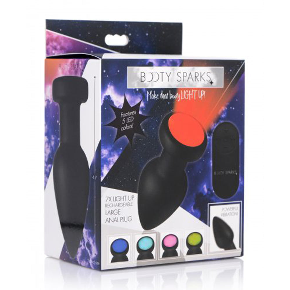 Large black rechargeable LED anal plug with remote and 5 light colors.