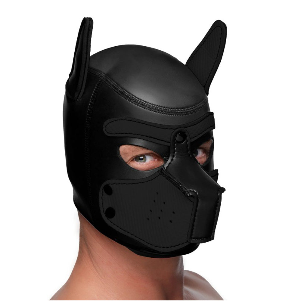 Black neoprene puppy hood with removable muzzle and poseable ears.